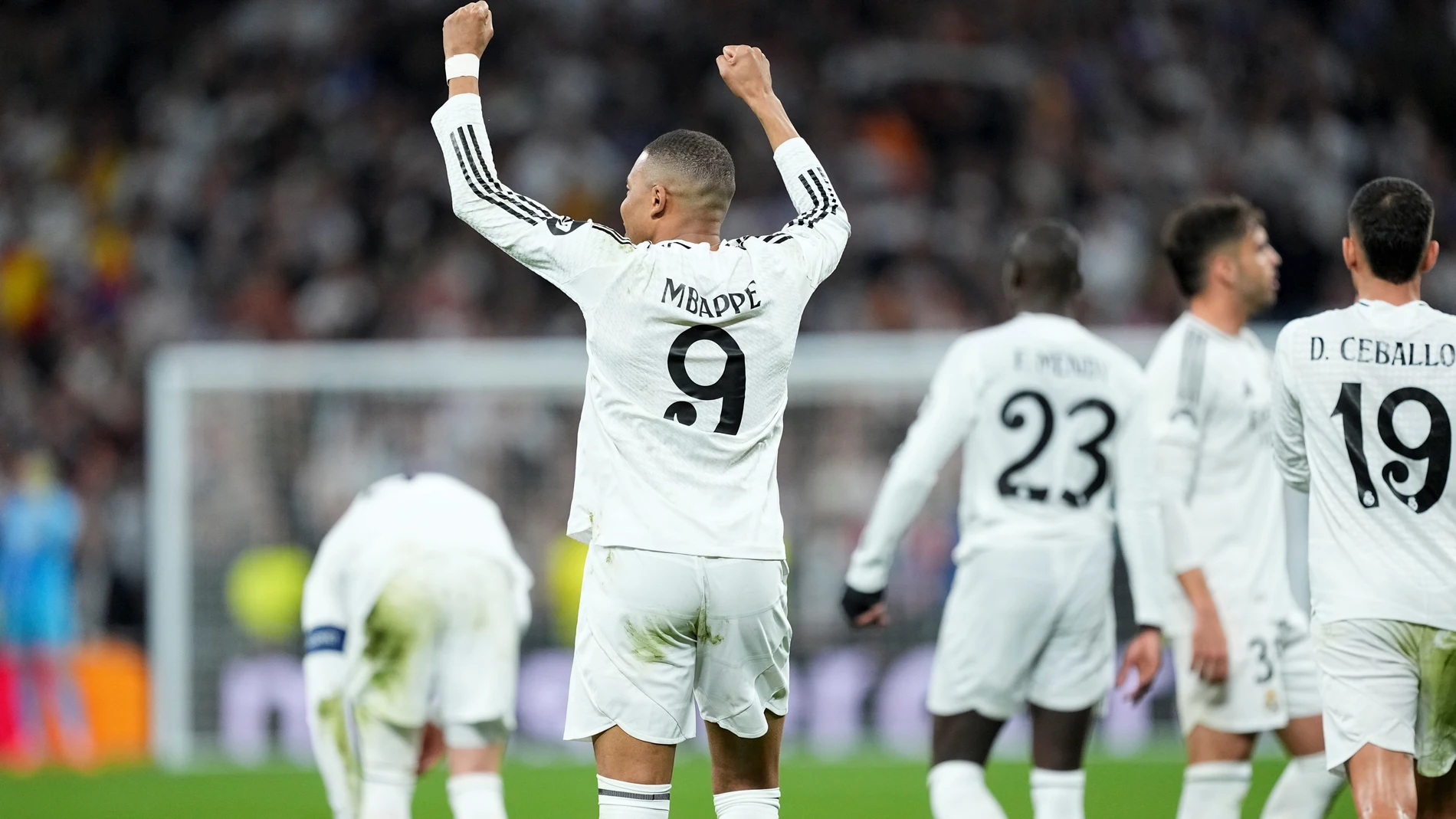 Kylian Mbappe of Real Madrid celebrates a goal during the UEFA Champions League 2024/25 League Knockout Play-off second leg match between Real Madrid CF and Manchester City, at Santiago Bernabeu stadium on February 19, 2025, in Madrid, Spain. AFP7 19/02/2025 ONLY FOR USE IN SPAIN