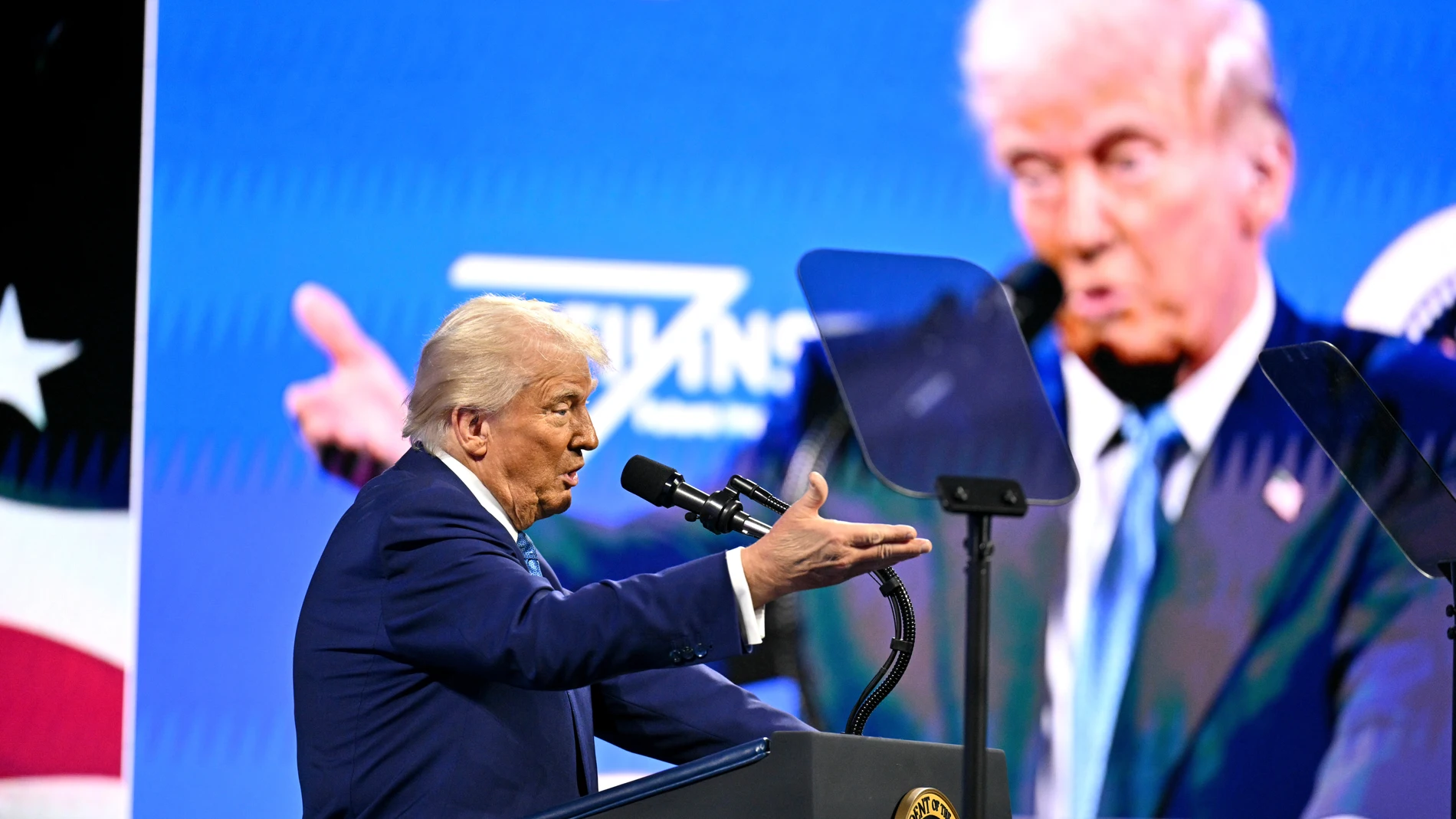 President Donald Trump speaks at the Future Investment Initiative (FII) Institute summit in Miami Beach, Fla., Wednesday, Feb. 19, 2025. (Pool via AP)