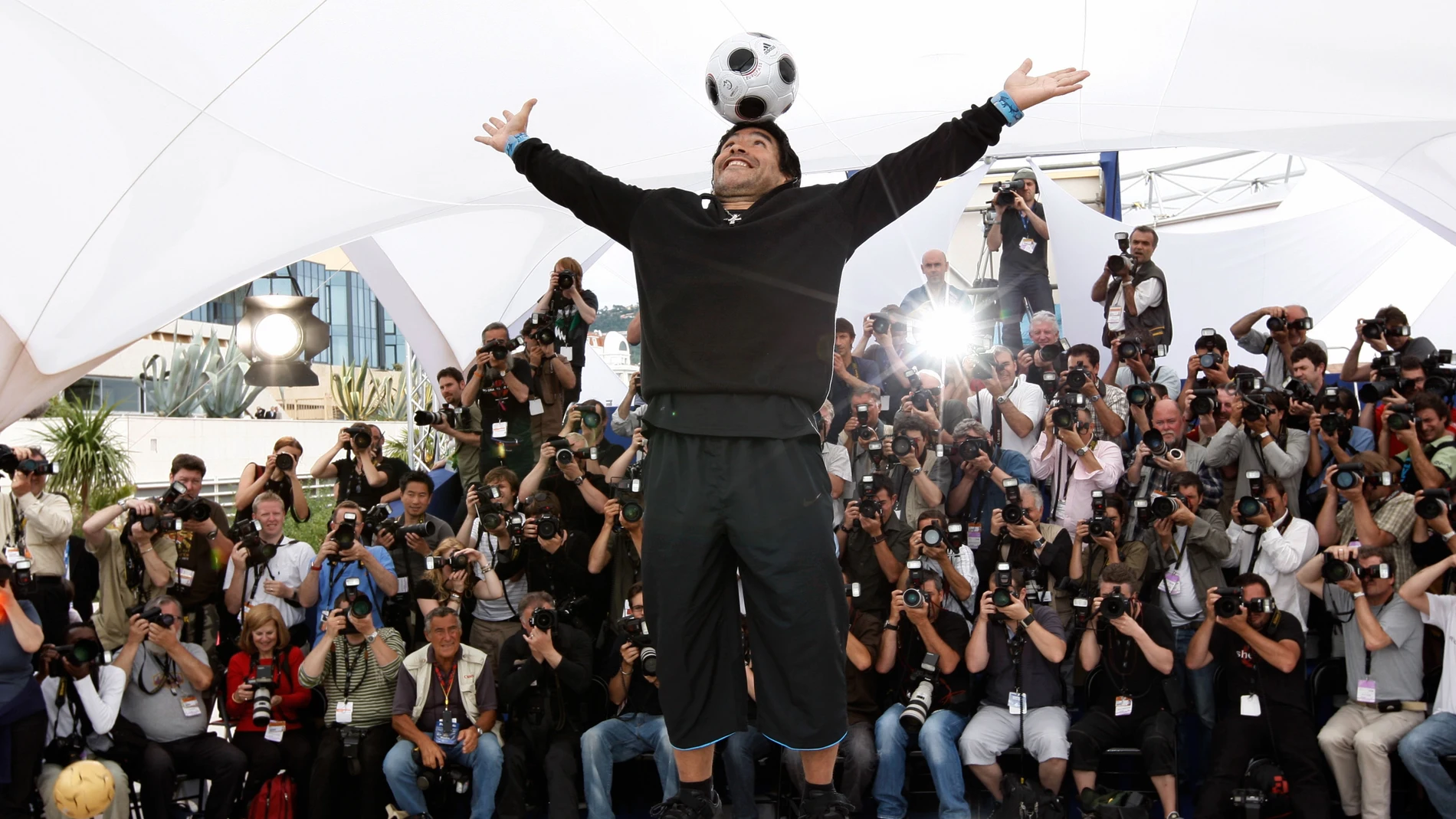 Former Argentine soccer player Diego Maradona poses during the photo call for the documentary "Maradona" during the 61st International film festival in Cannes, southern France, on Tuesday, May 20, 2008.