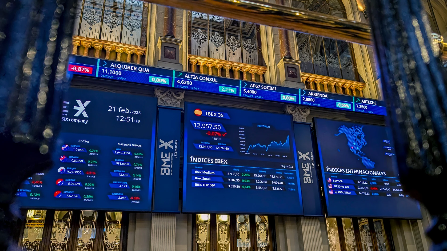MADRID, 21/02/2025.- El selectivo de la Bolsa española, IBEX 35, se mantiene prácticamente plano este mediodía con una leve caída del 0,08 %, por lo que sigue por debajo de los 13.000 puntos, penalizada por las destacadas caídas que registran en este día Repsol y Grifols, mientras que el resto de mercados europeos cotizan con moderadas alzas. EFE/ Vega Alonso del Val