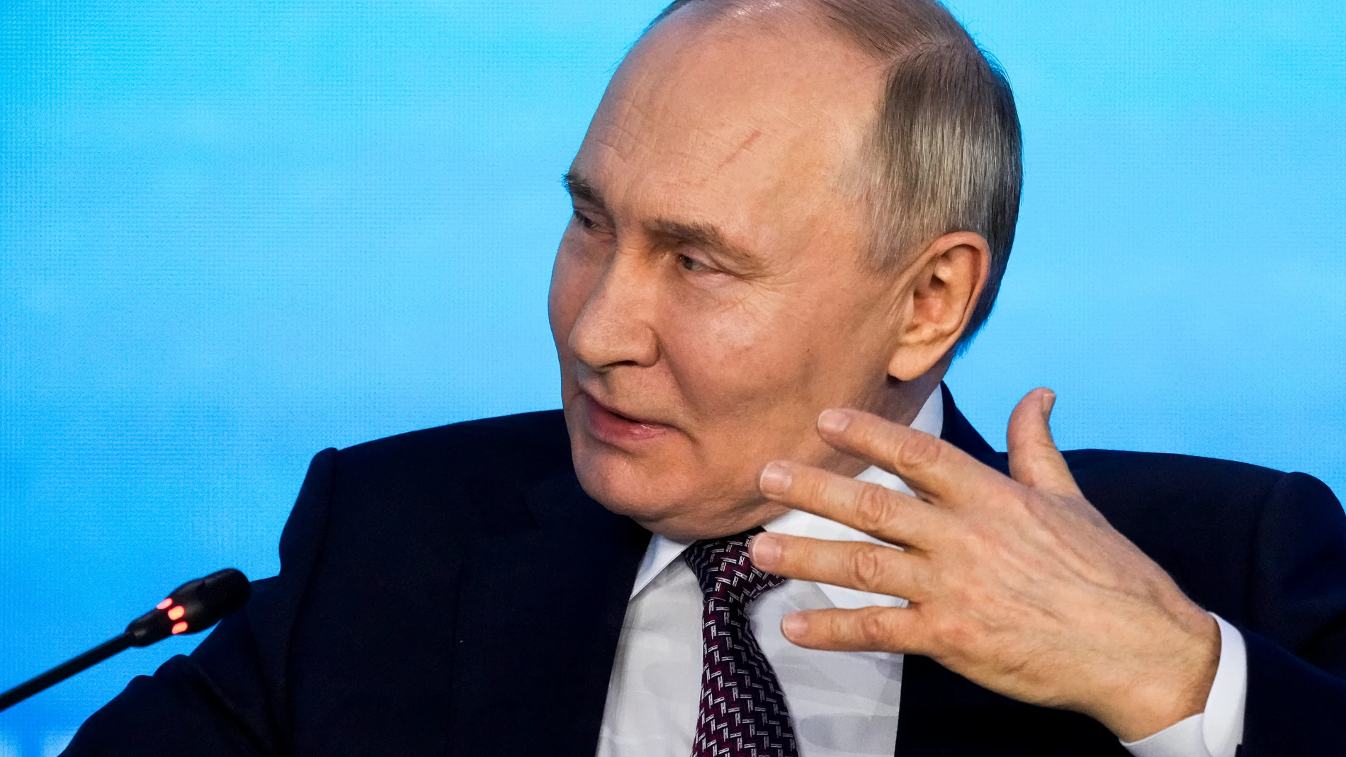 Russian President Vladimir Putin speaks during the Technology Forum in Moscow, Russia, Friday, Feb. 21, 2025. (AP Photo/Pavel Bednyakov)