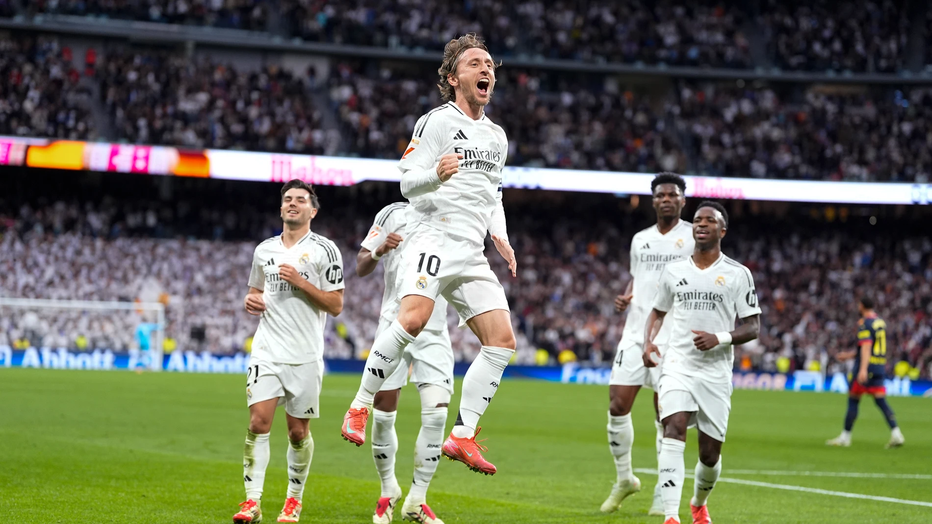 Luka Modric of Real Madrid celebrates a goal during the Spanish League, LaLiga EA Sports, football match played between Real Madrid and Girona FC at Santiago Bernabeu stadium on February 23, 2025, in Madrid, Spain. AFP7 23/02/2025 ONLY FOR USE IN SPAIN