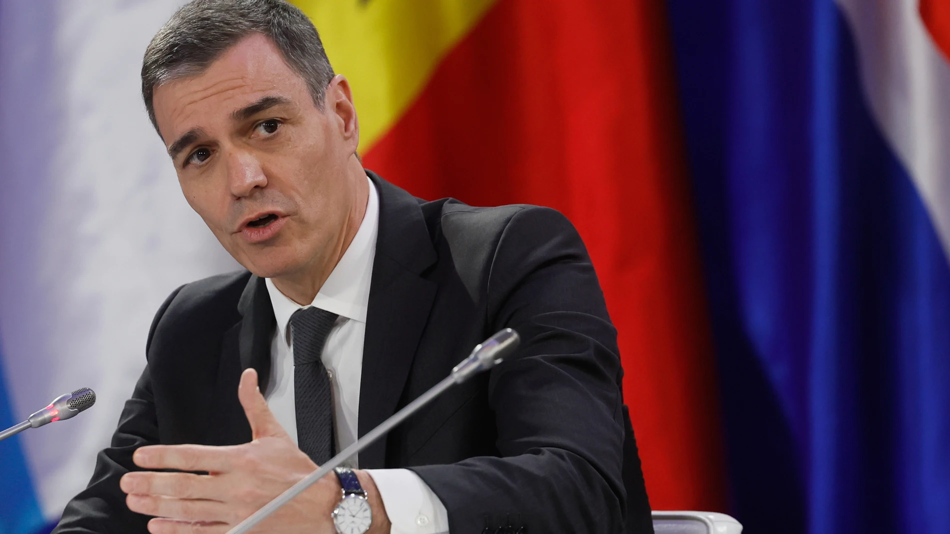 Spain's Prime Minister Pedro Sanchez attends a press conference after the "Support Ukraine" summit, marking the third anniversary of the Russian invasion, in Kyiv, Ukraine, Feb. 24, 2025. (Gleb Garanich/Pool Photo via AP)