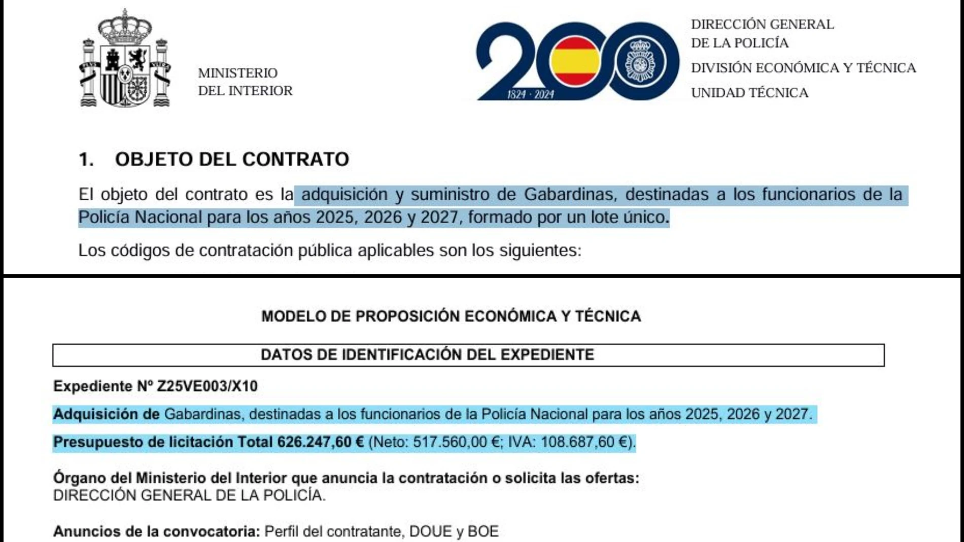 Contrato de licitación para la compra de gabardinas para los mandos de la Policía Nacional