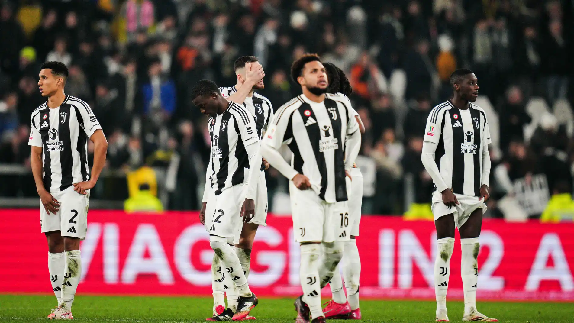 Juventus players react after losing a penalty shootout in an Italian Cup quarterfinal soccer match between Juventus and Empoli at the Allianz Stadium in Turin, Italy, Wednesday, Feb. 26, 2025 (Marco Alpozzi/LaPresse via AP)