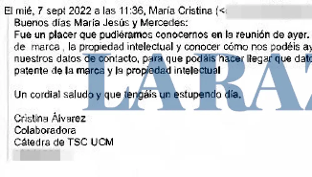 El correo en que la asesora de Moncloa Cristina Álvarez se identifica como "colaboradora" de la cátedra de Begoña Gómez