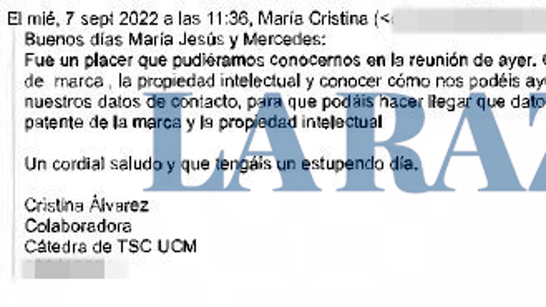 El correo en que la asesora de Moncloa Cristina Álvarez se identifica como "colaboradora" de la cátedra de Begoña Gómez