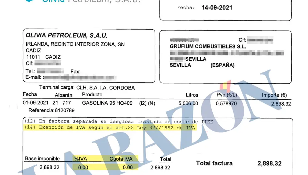 Albarán en el que consta la deducción del IVA que la trama manipuló para defraudar, presuntamente, a Hacienda