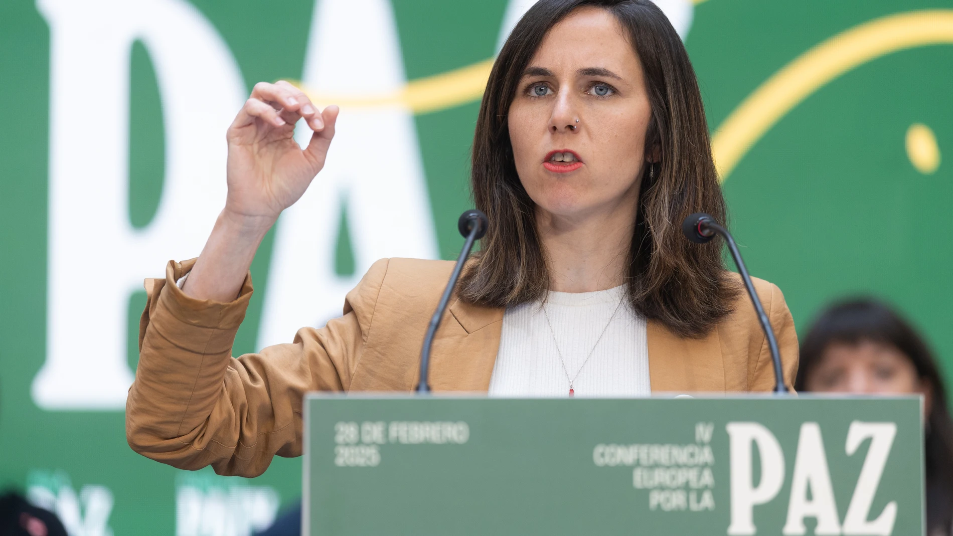 La líder de Podemos, Ione Belarra en la IV Conferencia Europea por la Paz