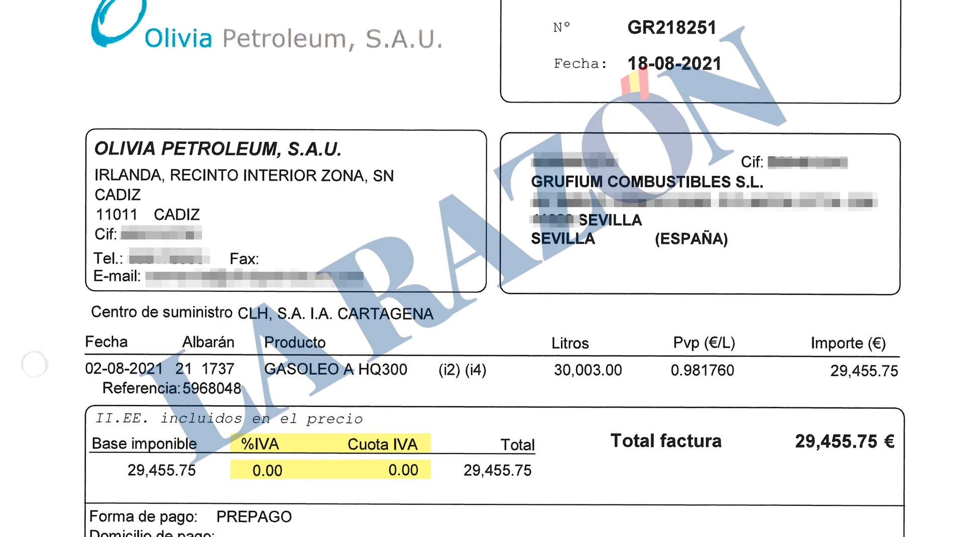 Factura de una empresa de la trama del fuel liderada por Víctor de Aldama y Claudio Rivas