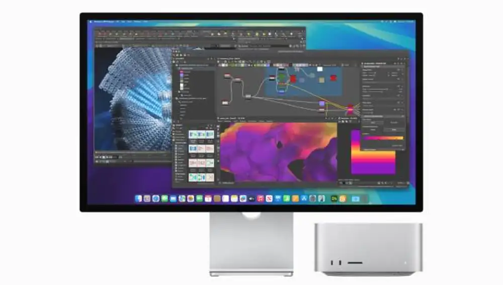 Mac Studio 2025, junto a un Apple Display.