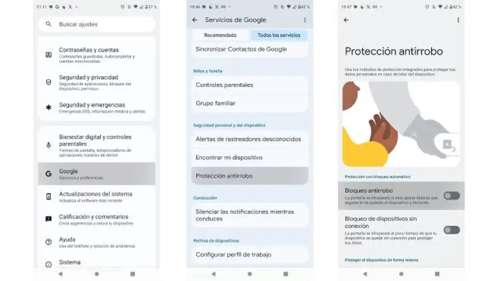 Pasos para activar Protección antirrobo.