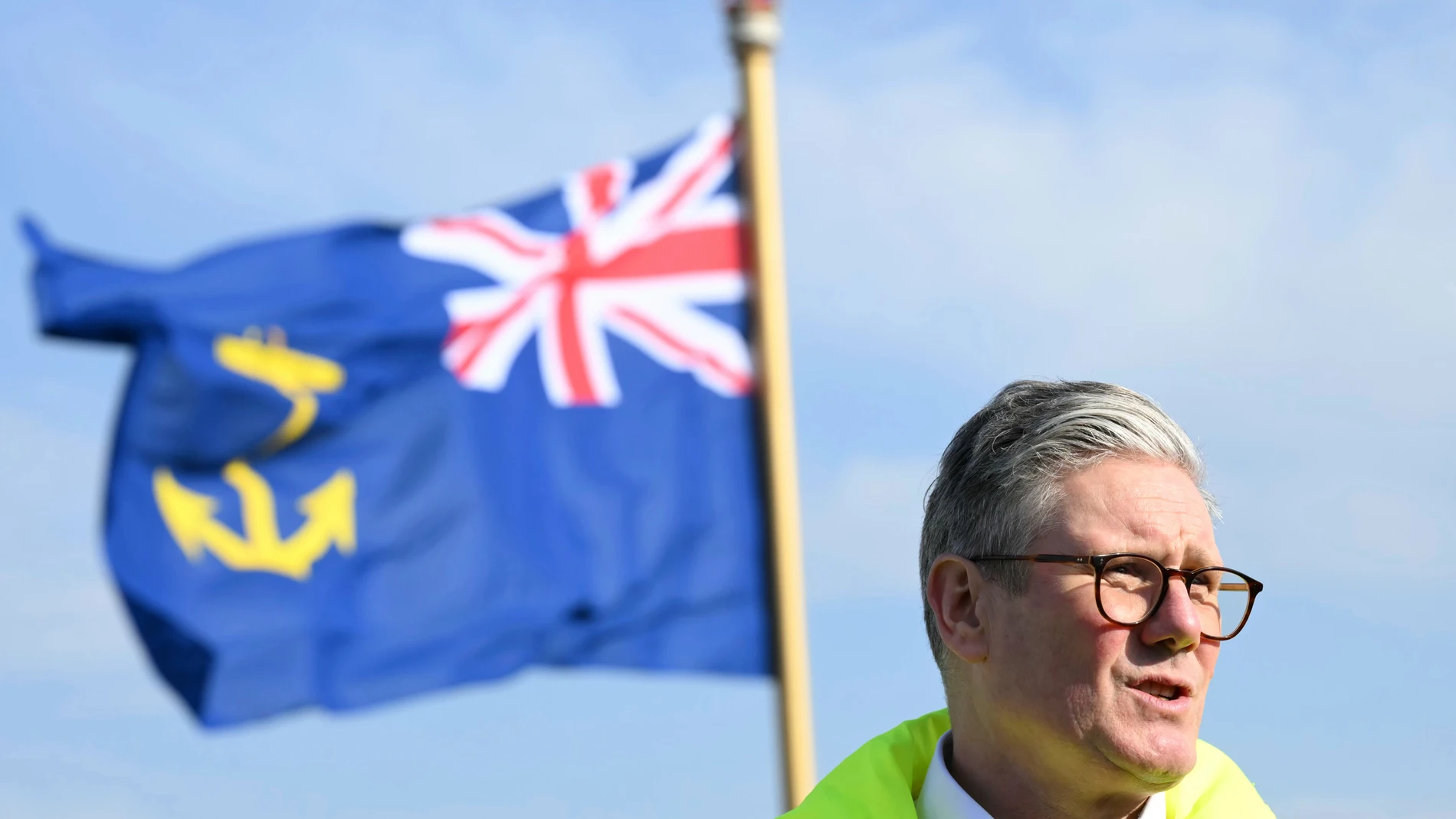 Britain's Prime Minister Keir Starmer speaks on RFA Tidespring at Cammel Laird dock, in Birkenhead, England, Thursday, March 6, 2025. (Paul Ellis/Pool Photo via AP)