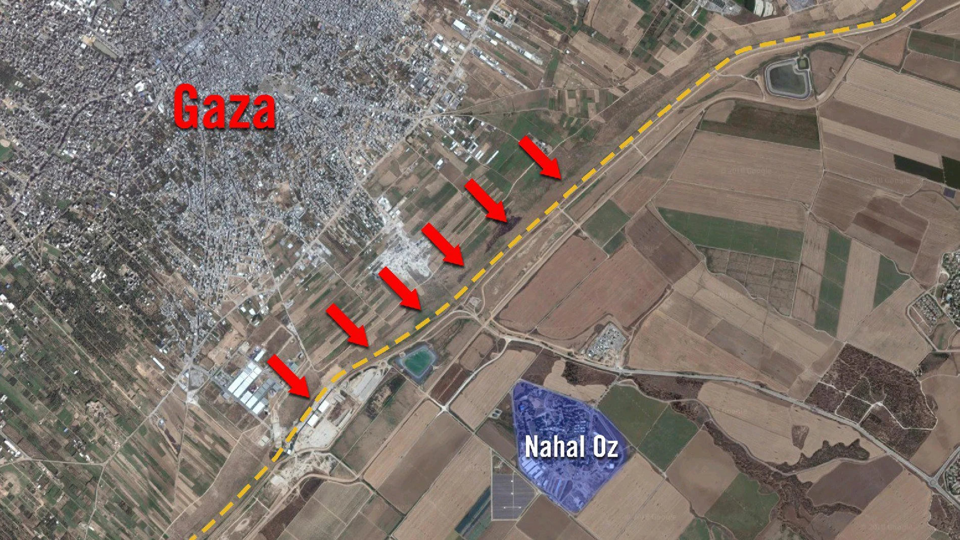 Localización de la base israelí de Nahal Oz, junto a la frontera con Gaza