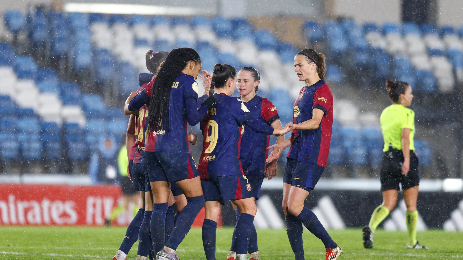 Ewa Pajor of FC Barcelona celebrates a goal with teammates during the Copa de la Reina, Spanish Women Cup, Semi Final First Leg match between Real Madrid and FC Barcelona, at Alfredo Di Stefano stadium on March 06, 2025, in Valdebebas, Madrid, Spain. AFP7 06/03/2025 ONLY FOR USE IN SPAIN
