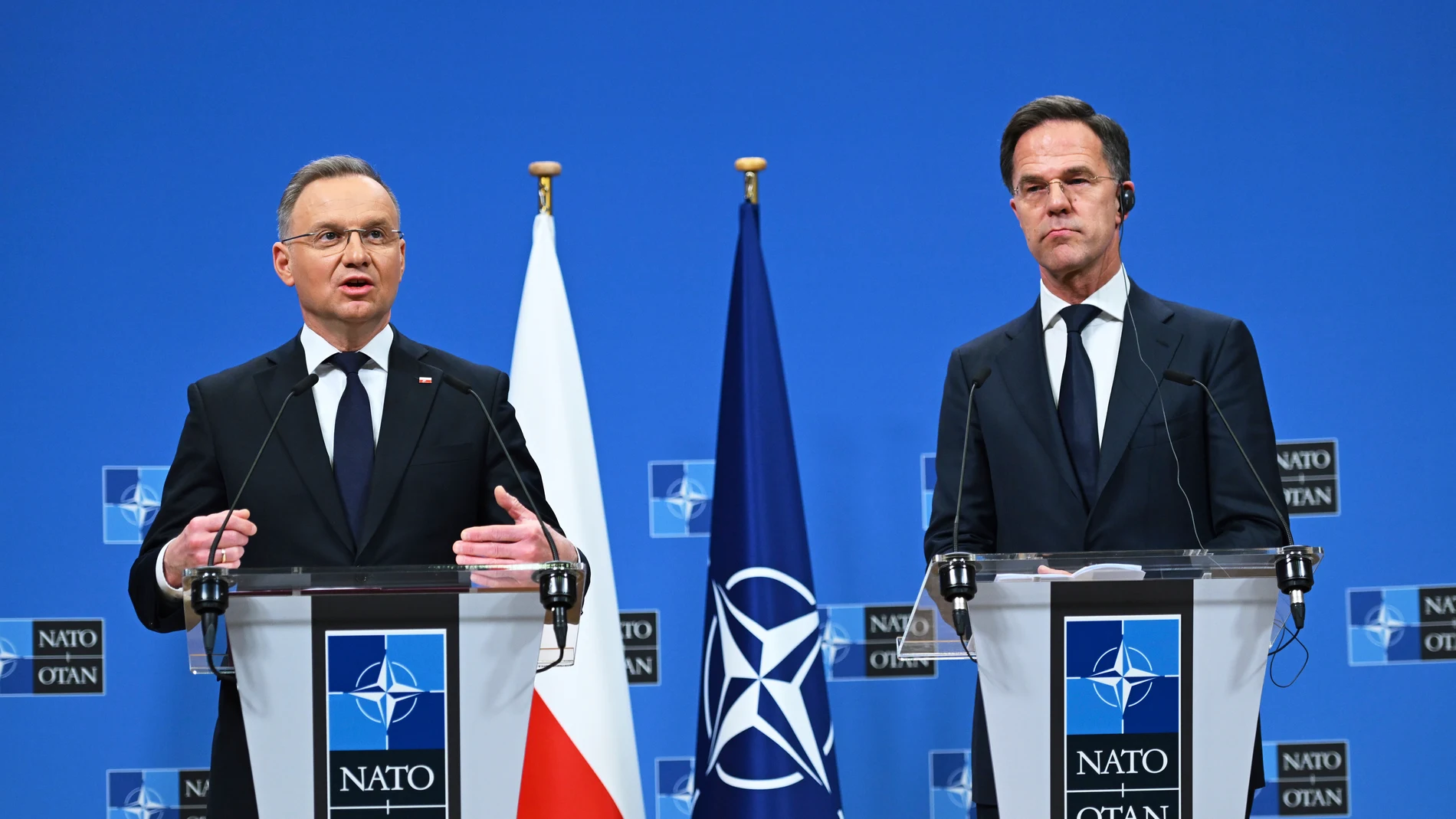 FILE - Poland's President Andrej Duda, left, and NATO Secretary General Mark Rutte address a media conference at NATO headquarters in Brussels, Thursday, March 6, 2025. (AP Photo/Harry Nakos, File)