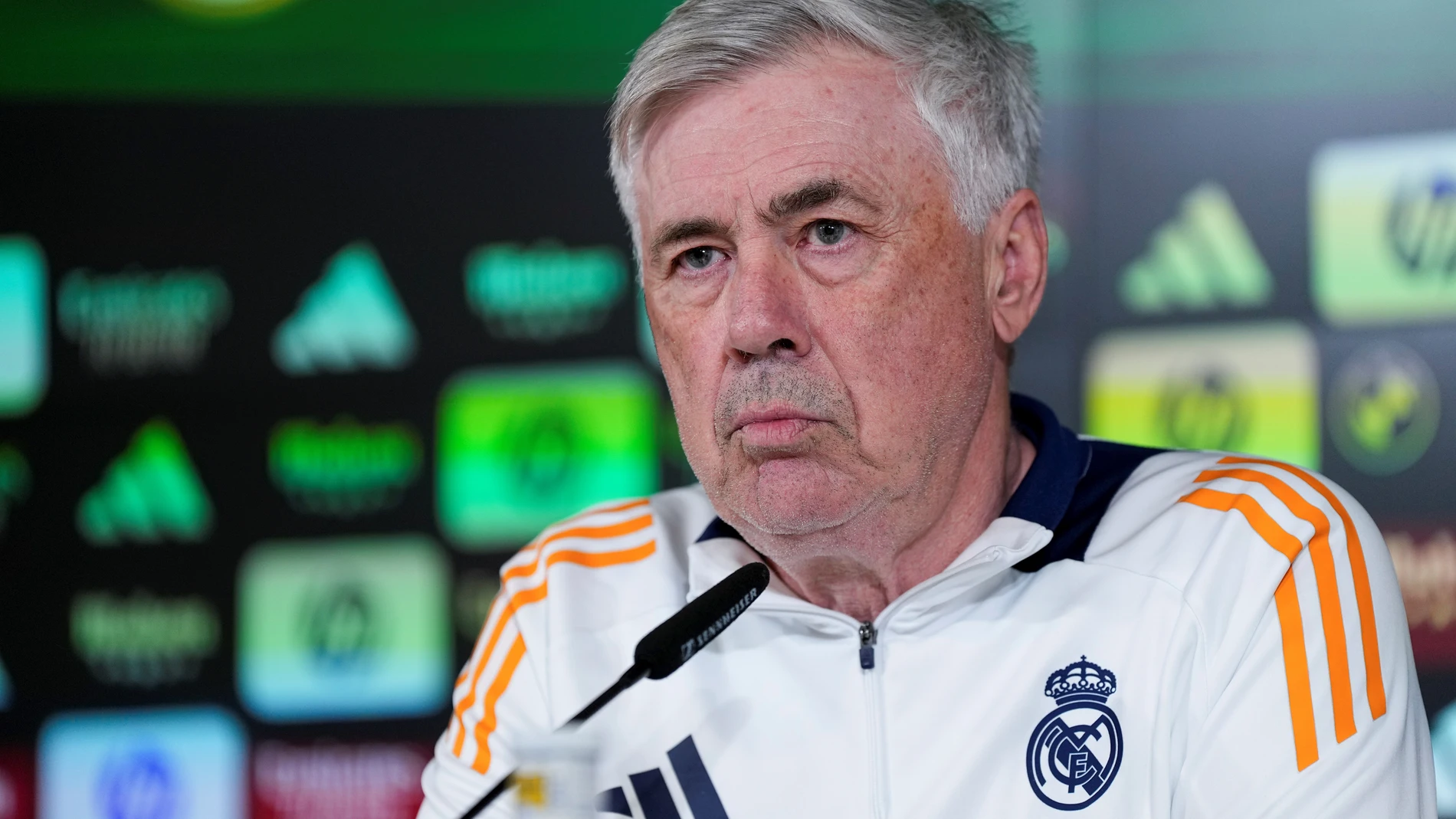 Carlo Ancelotti attends his press conference during the training day of Real Madrid ahead the Spanish League, LaLiga EA Sports, football match against Rayo Vallecano at Ciudad Deportiva Real Madrid on March 08, 2025, in Valdebebas, Madrid, Spain. AFP7 08/03/2025 ONLY FOR USE IN SPAIN
