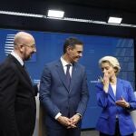 European Council President Charles Michel, Spain's Prime Minister Pedro Sanchez and European Commission President Ursula von der Leyen pose at a media conference at the conclusion of a European Union summit in Brussels