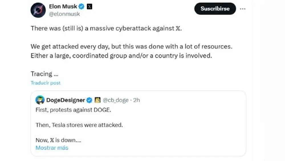 Publicación de Elon Musk sobre el ataque a X.