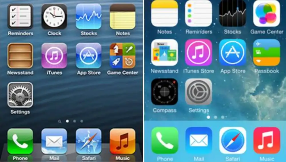 El cambio del esqueumorfismo de iOS 6 (izquierda) al minimalismo de iOS 7 (derecha).