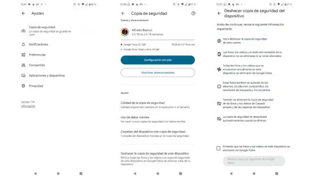 Pasos para deshacer la copia de seguridad en la nube de Google Fotos.