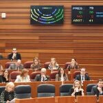 Imagen de la bancada del PP en las Cortes durante las votaciones, con Mañueco y las consejeras Isabel Blanco y Leticia García
