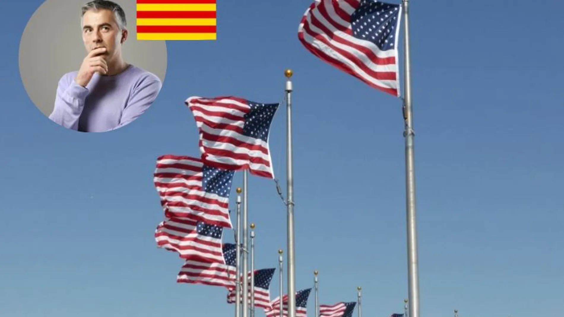 Un estadounidense pensativo junto a una bandera de Cataluña