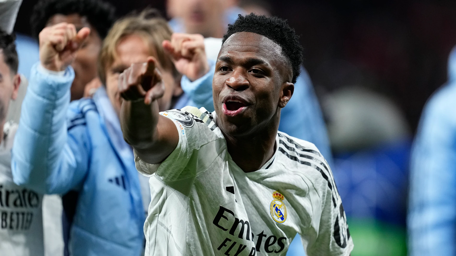 Vinicius Junior of Real Madrid celebrates the victory in the penalty shootout during the UEFA Champions League 2024/25 League Round of 16 Second Leg match between Atletico de Madrid and Real Madrid CF, at Riyadh Air Metropolitano stadium on March 12, 2025, in Madrid, Spain. AFP7 12/03/2025 ONLY FOR USE IN SPAIN