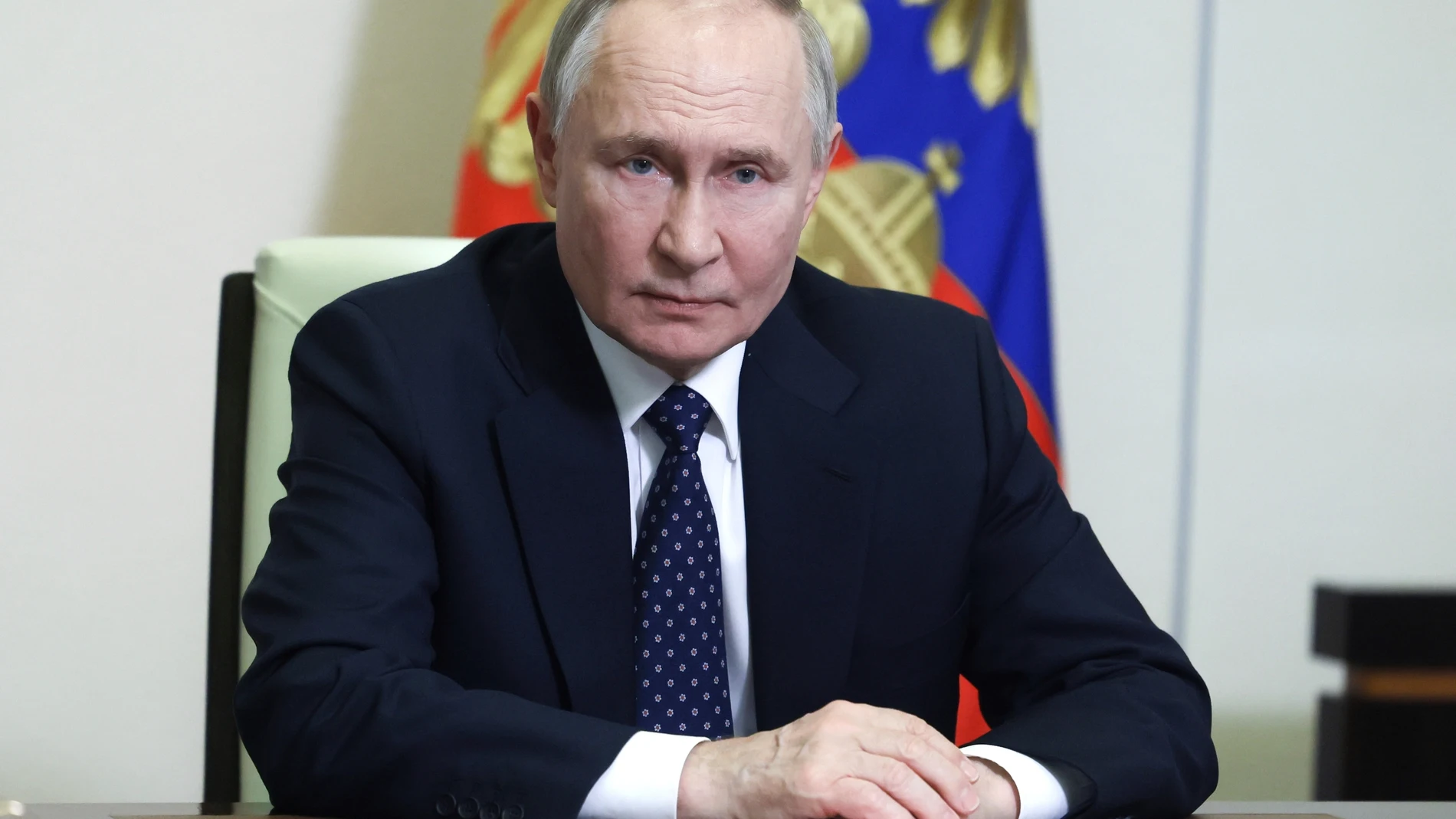 Russian President Vladimir Putin chairs a Security Council meeting at the Novo-Ogaryovo residence outside Moscow, Russia, Friday, March 14, 2025. (Mikhail Metzel, Sputnik, Kremlin Pool Photo via AP)