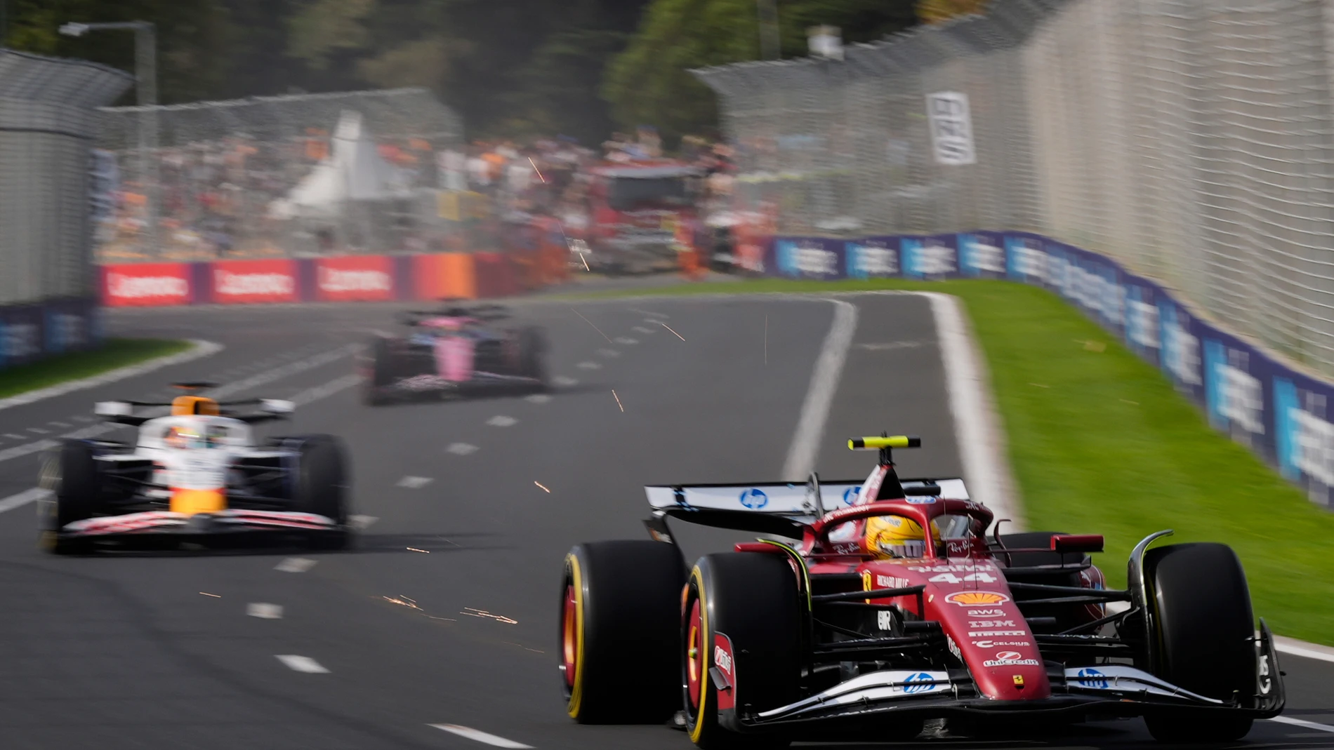 Ferrari driver Lewis Hamilton of Britain steers his car during the second practice session for the Australian Formula One Grand Prix at Albert Park, in Melbourne, Australia, Friday, March 14, 2025. (AP Photo/Asanka Brendon Ratnayake)
