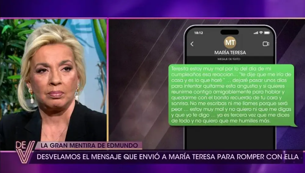 Carmen Borrego viendo el mensaje de Bigote Arrocet a María Teresa Campos