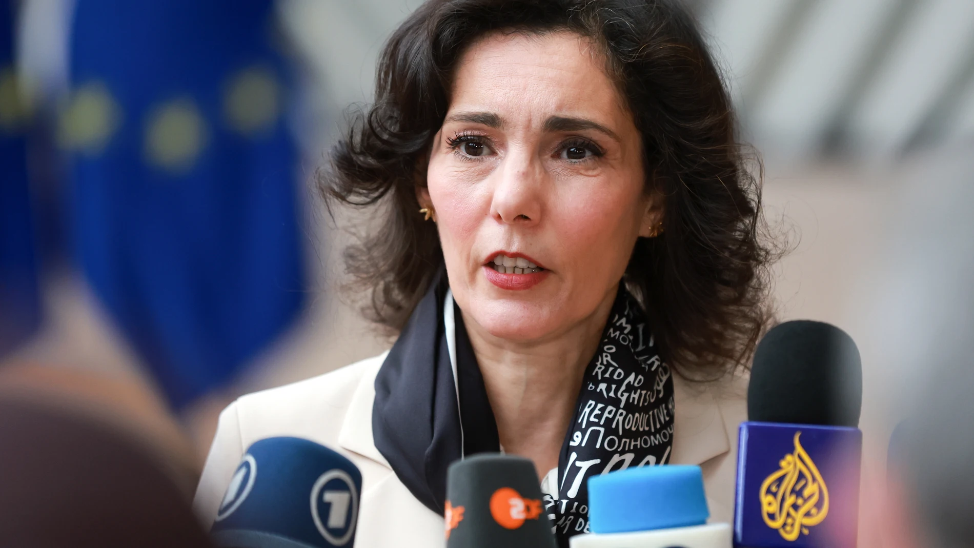 BRUSSELS (Belgium), 17/03/2025.- European Commissioner for Equality; Preparedness and Crisis Management, Hadja Lahbib, speaks to the media during a European Foreign Affairs Council at the EU headquarters in Brussels, Belgium, 17 March 2025. (Bélgica, Bruselas) EFE/EPA/OLIVIER HOSLET