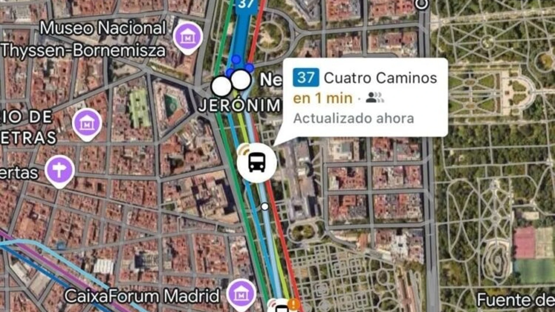 Posición de los autobuses de EMT en tiempo real en Google Maps. REMITIDA / HANDOUT por AYUNTAMIENTO DE MADRID Fotografía remitida a medios de comunicación exclusivamente para ilustrar la noticia a la que hace referencia la imagen, y citando la procedencia de la imagen en la firma 17/03/2025