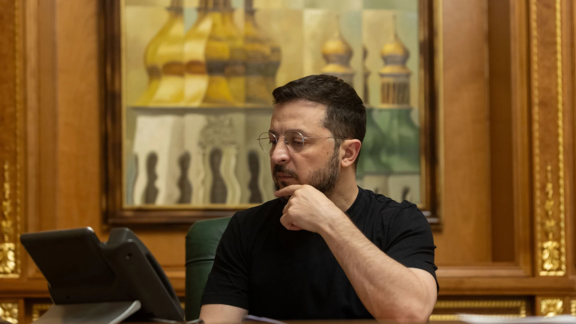 March 16, 2025, Kyiv, Ukraine: Ukrainian President Volodymyr Zelenskyy, listens to Canadian Prime Minister Mark Carney during bilateral discussions via teleconference, from the Mariinsky Palace, March 16, 2025 in Kyiv, Ukraine. Europa Press/Contacto/Ukraine Presidency/Ukrainian 16/03/2025 ONLY FOR USE IN SPAIN