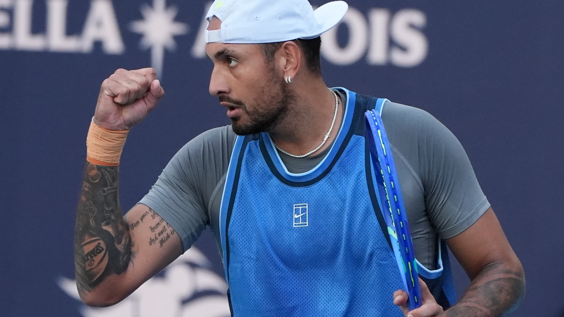 Nick Kyrgios, of Australia, reacts during his match against Mackenzie McDonald at the Miami Open tennis tournament, Wednesday, March 19, 2025, in Miami Gardens, Fla. (AP Photo/Lynne Sladky)