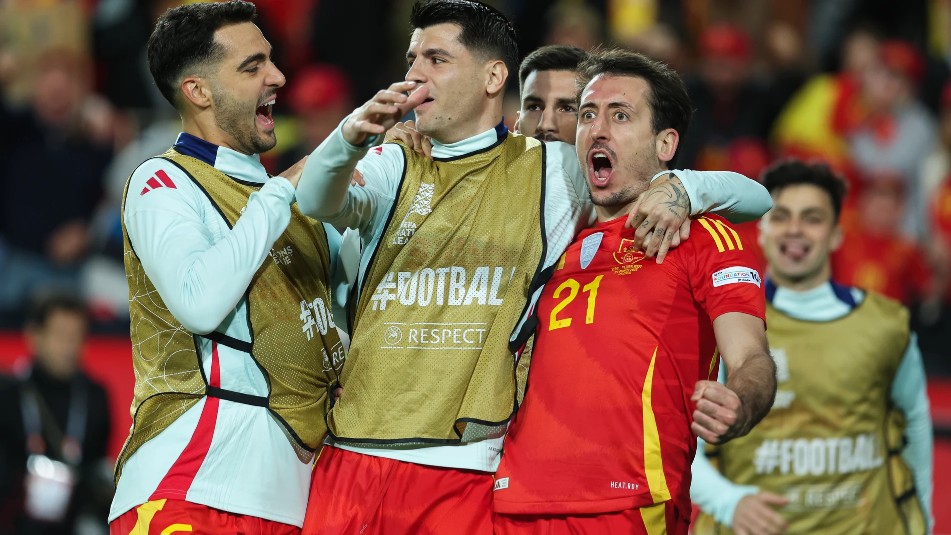 Mikel Oyarzabal of Spain celebrates a goal during the UEFA Nations League Quarterfinal Leg Two match between Spain and Netherlands at Mestalla stadium on March 23, 2025 in Valencia, Spain. AFP7 23/03/2025 ONLY FOR USE IN SPAIN
