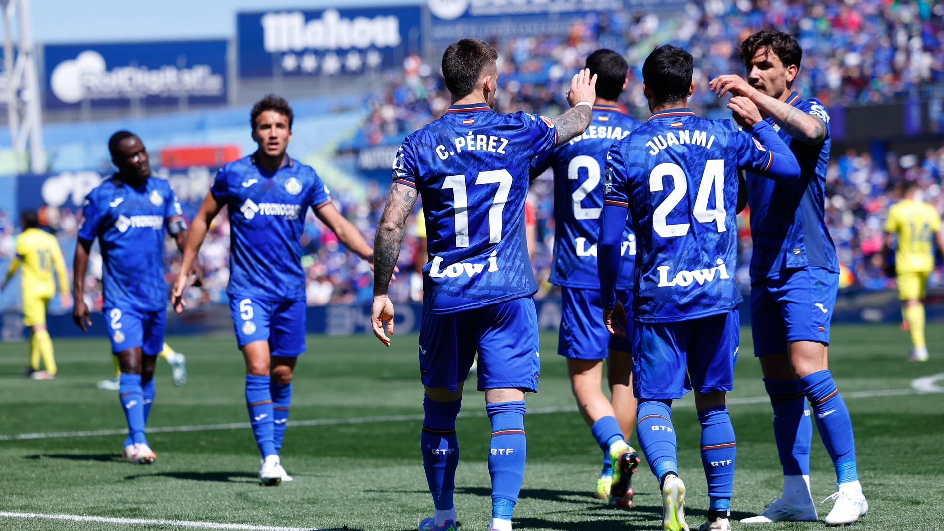 Carles Perez of Getafe CF celebrates a goal during the Spanish League, LaLiga EA Sports, football match played between Getafe CF and Villarreal CF at Coliseum de Getafe stadium on March 30, 2025, in Getafe, Spain. AFP7 30/03/2025 ONLY FOR USE IN SPAIN