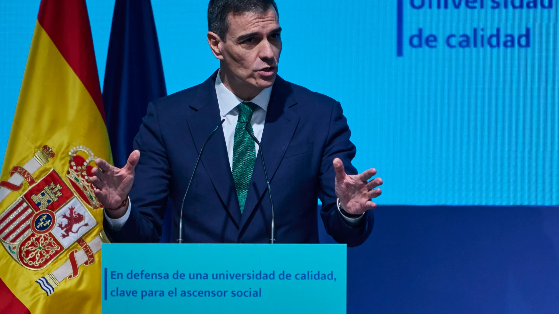 El presidente del Gobierno, Pedro Sánchez, da un discurso durante su asistencia a un acto de apoyo a la universidad pública ‘En defensa de una universidad de calidad, clave para el ascensor social’, este lunes, en Madrid © Alberto R. Roldán / Diario La Razón. 31 03 2025