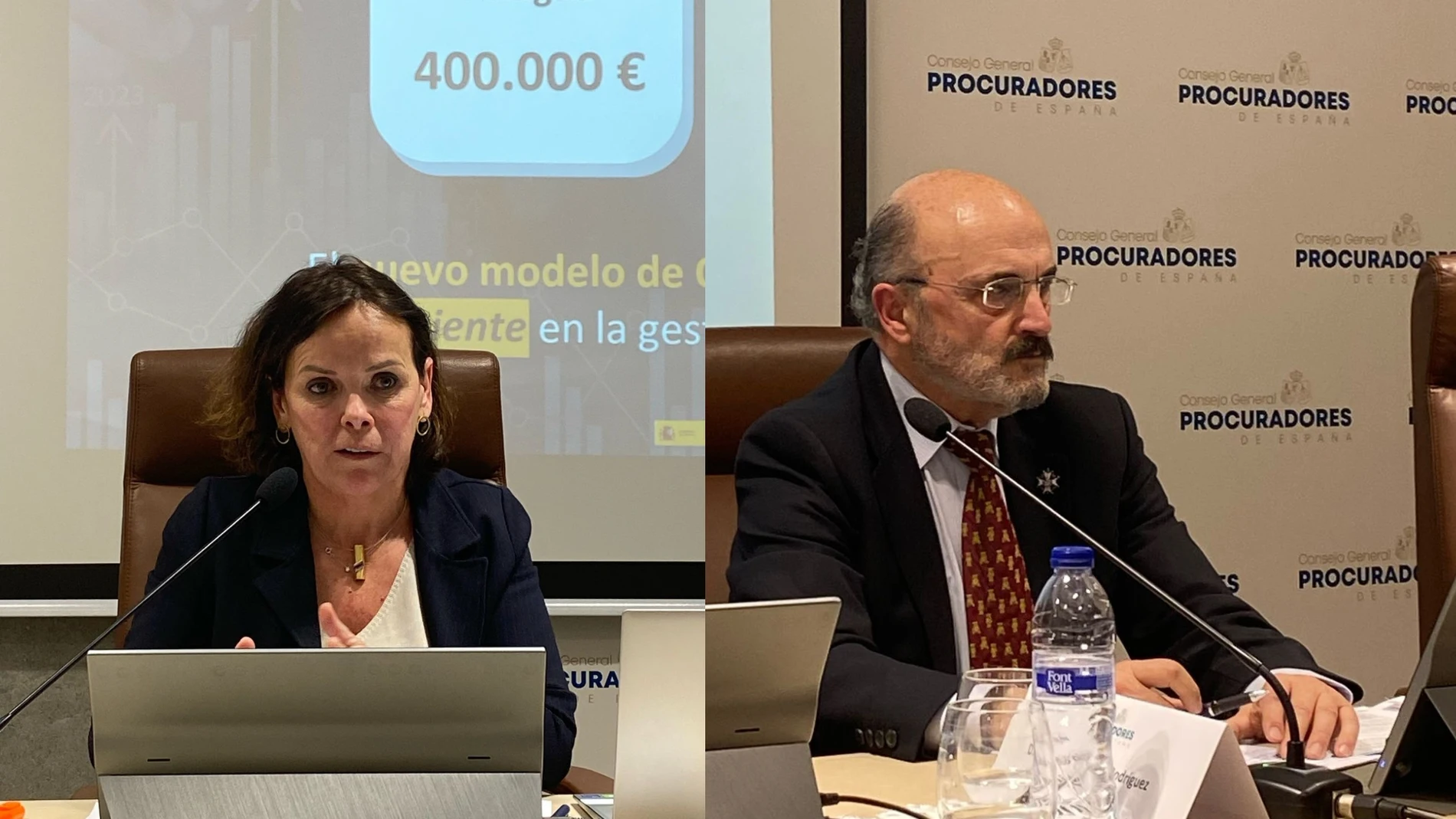 La directora general para el Servicio Público de Justicia, Verónica Ollé, y el presidente del Consejo General de Procuradores, Ricardo Garrido, en las jornadas sobre la "Ley Bolaños"