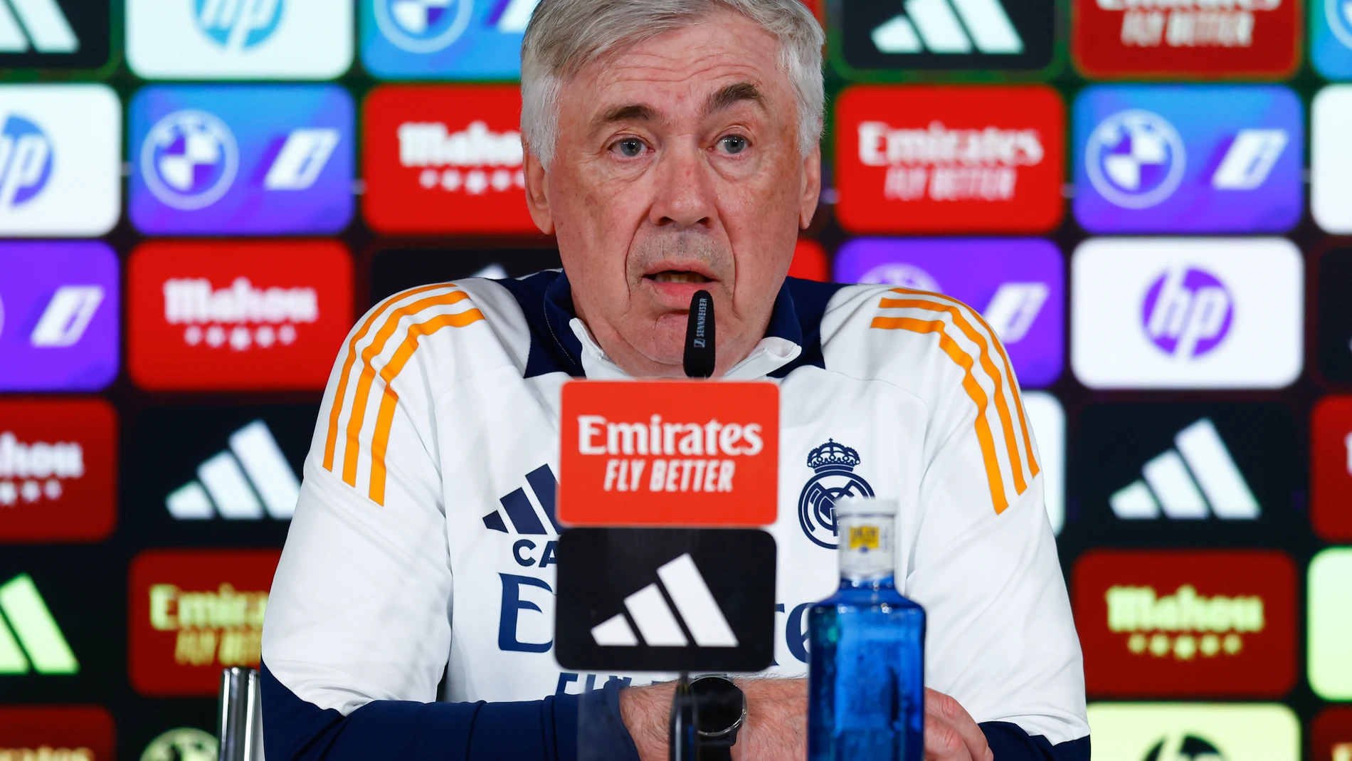 Carlo Ancelotti attends his press conference during the training day of Real Madrid ahead the Spanish Cup, Copa del Rey, football match against Real Sociedad at Ciudad Deportiva Real Madrid on March 31, 2025, in Valdebebas, Madrid, Spain. AFP7 31/03/2025 ONLY FOR USE IN SPAIN