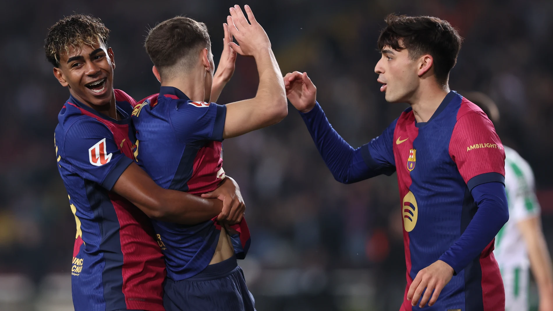Pablo Martin Gavira Gavi of FC Barcelona celebrates a goal with Lamine Yamal and Pedro Gonzalez Pedri during the Spanish league, La Liga EA Sports, football match played between FC Barcelona and Real Betis at Estadi Olimpic Lluis Companys on April 05, 2025 in Barcelona, Spain. AFP7 05/04/2025 ONLY FOR USE IN SPAIN