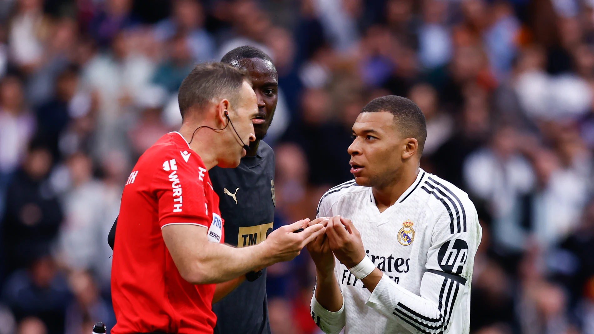 Kylian Mbappe of Real Madrid protests during the Spanish League, LaLiga EA Sports, football match played between Real Madrid and Valencia CF at Santiago Bernabeu stadium on April 05, 2025, in Madrid, Spain.AFP7 05/04/2025 ONLY FOR USE IN SPAIN