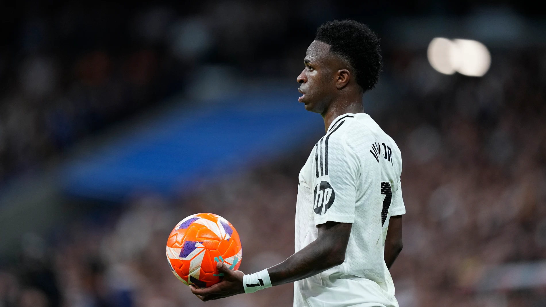 Vinicius Junior of Real Madrid looks on during the Spanish League, LaLiga EA Sports, football match played between Real Madrid and Valencia CF at Santiago Bernabeu stadium on April 05, 2025, in Madrid, Spain.AFP7 05/04/2025 ONLY FOR USE IN SPAIN