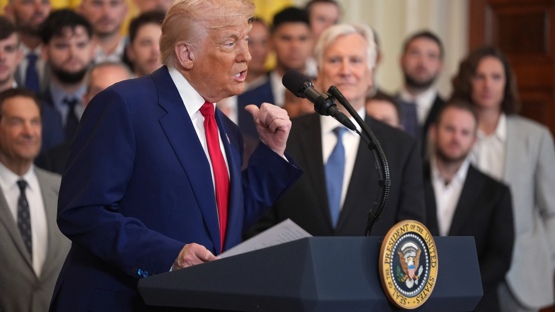 President Donald Trump speaks during a ceremony to honor the Major League Baseball 2024 World Series Champion Los Angeles Dodgers in the East Room of the White House, Monday, April 7, 2025, in Washington. (AP Photo/Evan Vucci)