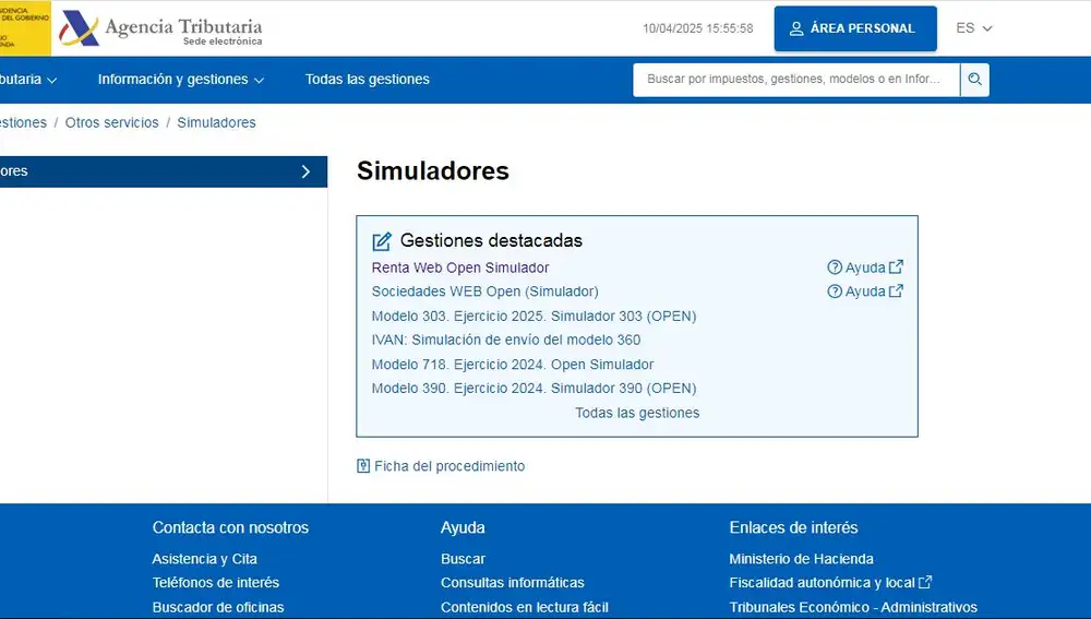 Pantalla principal del simulador de la AEAT