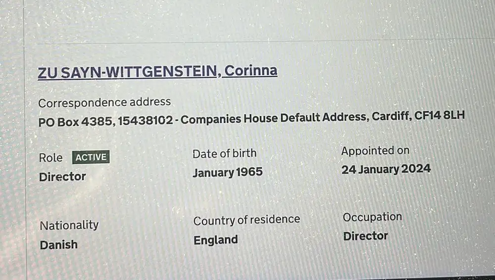 Foto del registro mercantil de Londres de Corinna