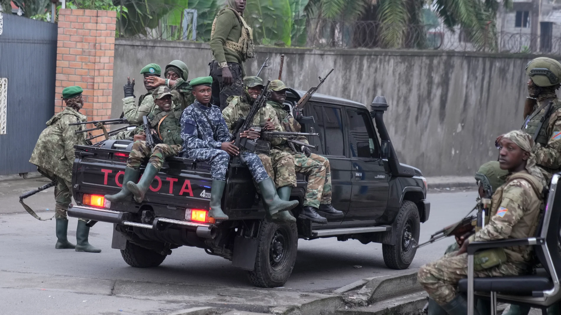 FILE - M23 rebels patrol the streets of Goma, Democratic Republic of the Congo, Wednesday, Jan. 29, 2025. (AP Photo/Brian Inganga, File)