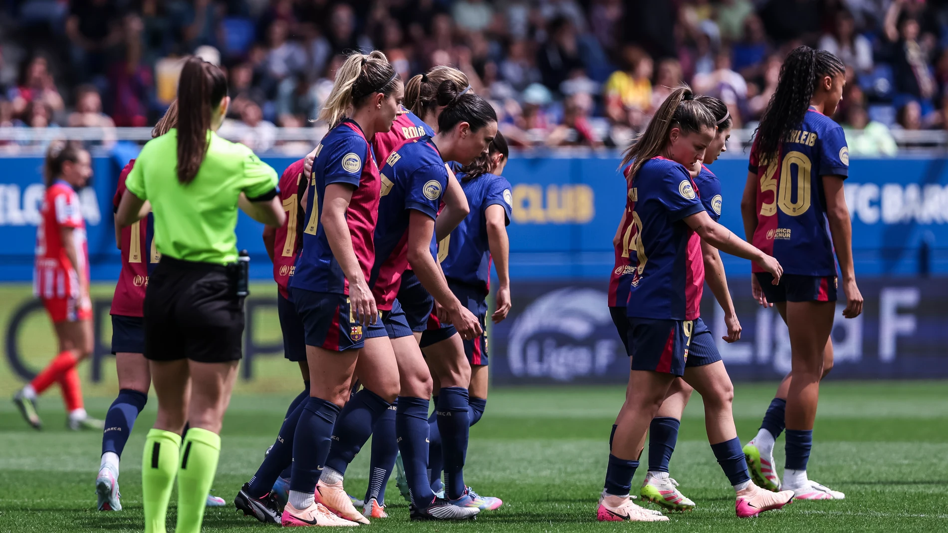 Aitana Bonmati of FC Barcelona celebrates a goal with her teammates during the Spanish Women league, Liga F, football match played between FC Barcelona and Atletico de Madrid at Johan Cruyff Stadium on April 13, 2025 in Sant Joan Despi, Spain. AFP7 13/04/2025 ONLY FOR USE IN SPAIN