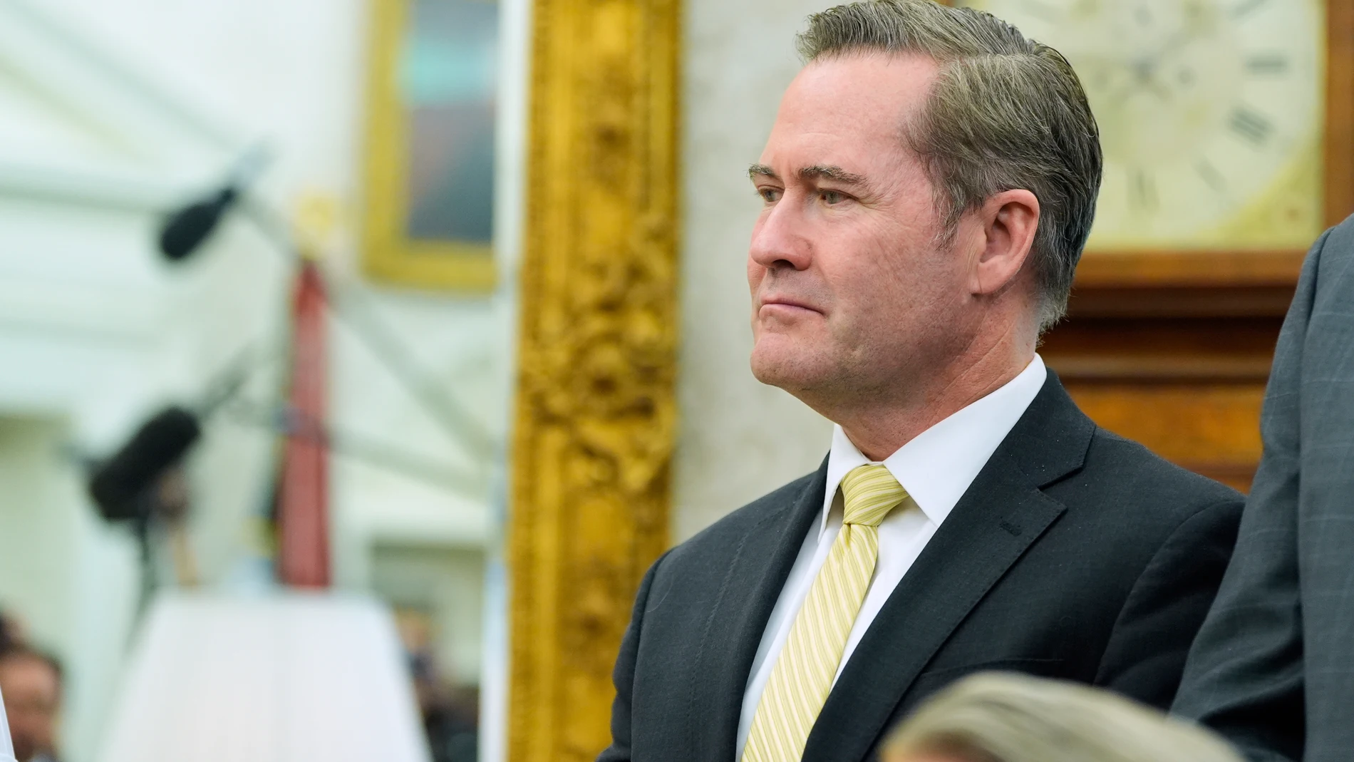 White House national security adviser Mike Waltz listens as President Donald Trump meets with Italy's Prime Minister Giorgia Meloni in the Oval Office of the White House, Thursday, April 17, 2025, in Washington. (AP Photo/Alex Brandon)
