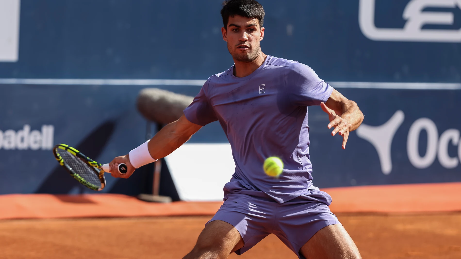 Carlos Alcaraz of Spain in actions against Laslo Djere of Serbia during the round of 16 tennis match of the Barcelona Open Banc Sabadell - Conde Godo 2025 Day 4 at Real Club De Tenis Barcelona on April 17, 2025 in Barcelona, Spain. AFP7 17/04/2025 ONLY FOR USE IN SPAIN